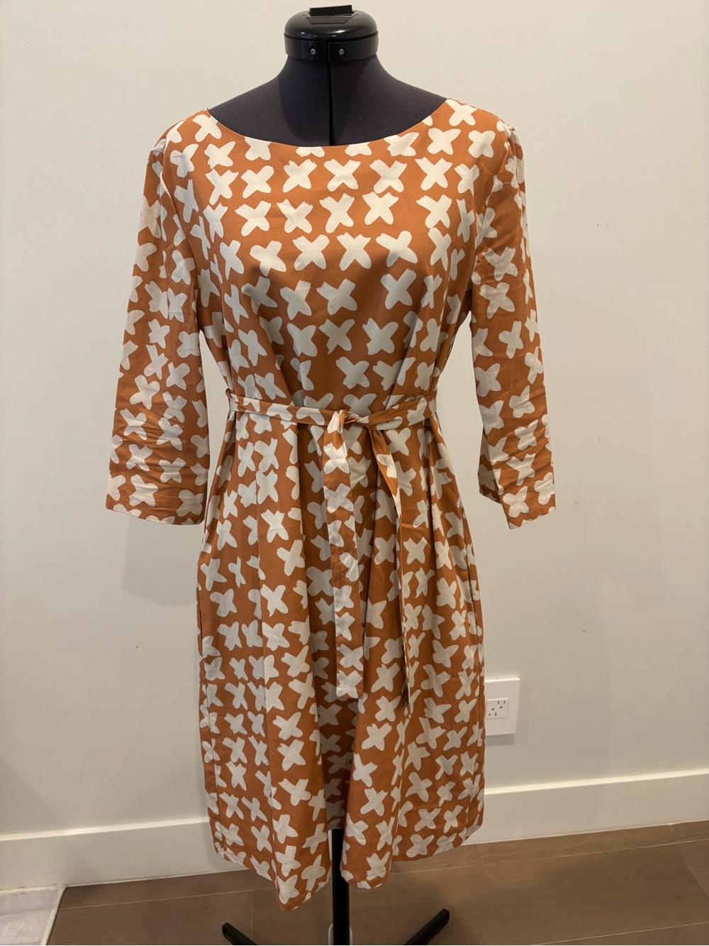 Samuji Brown and White Belted Cotton-Blend Dress